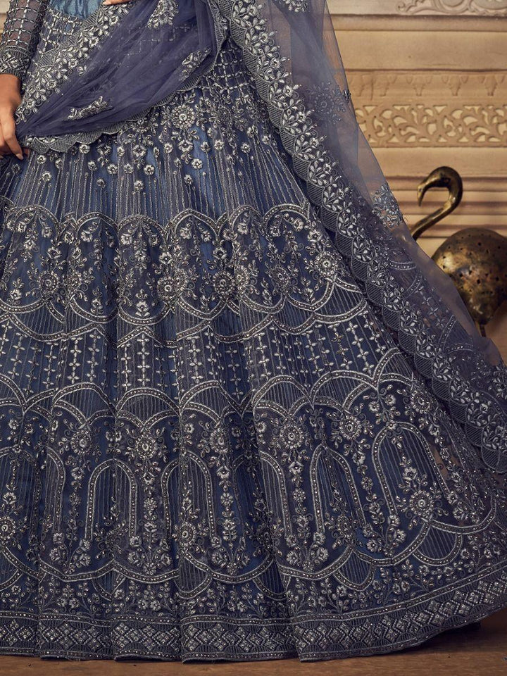 Gorgeous Blue Embroidered Net Lehenga Choli | Reception Wear with Stonework