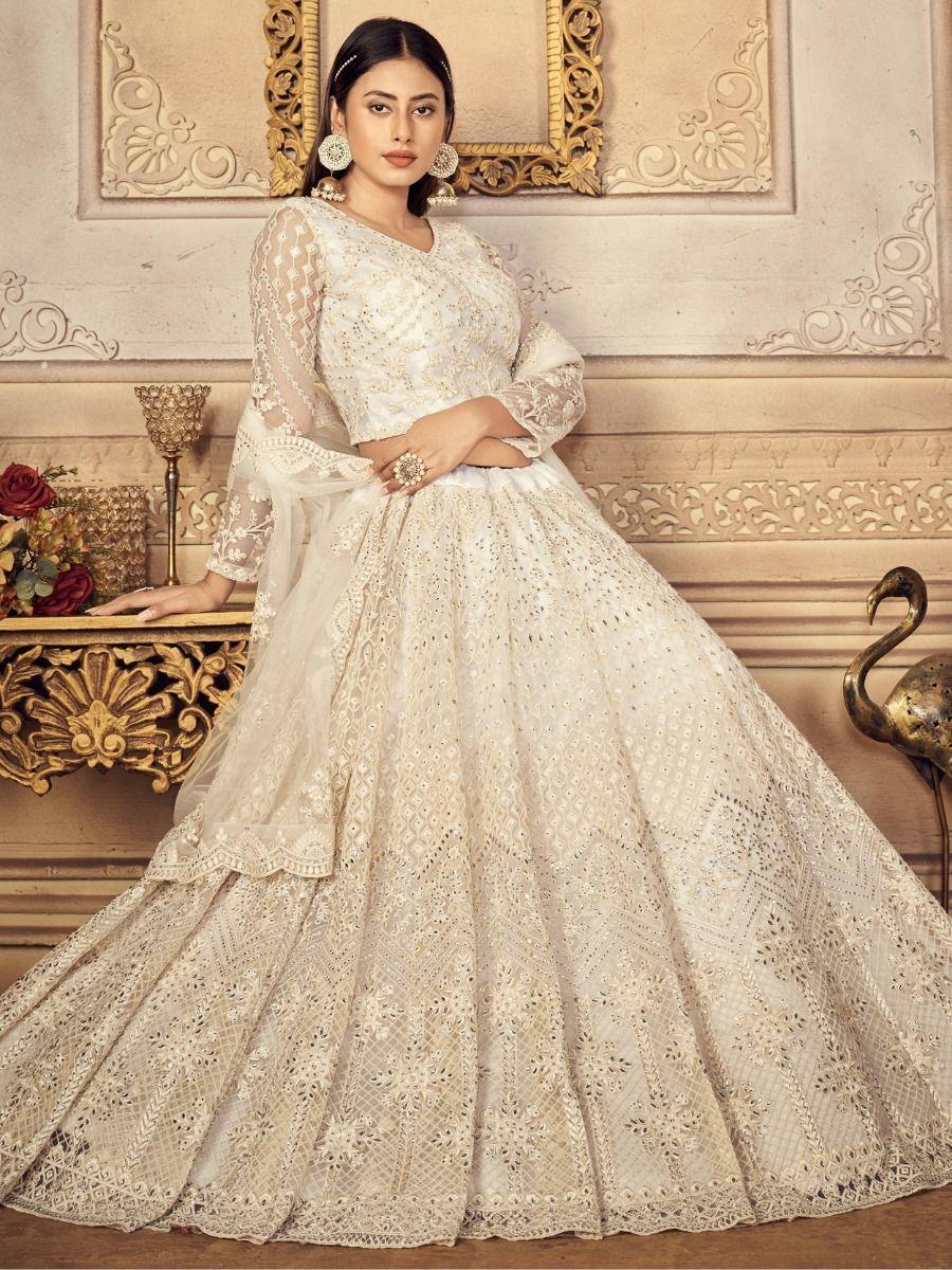 White Net Lehenga Choli | Bridal Reception Wear with Dori & Stone Details