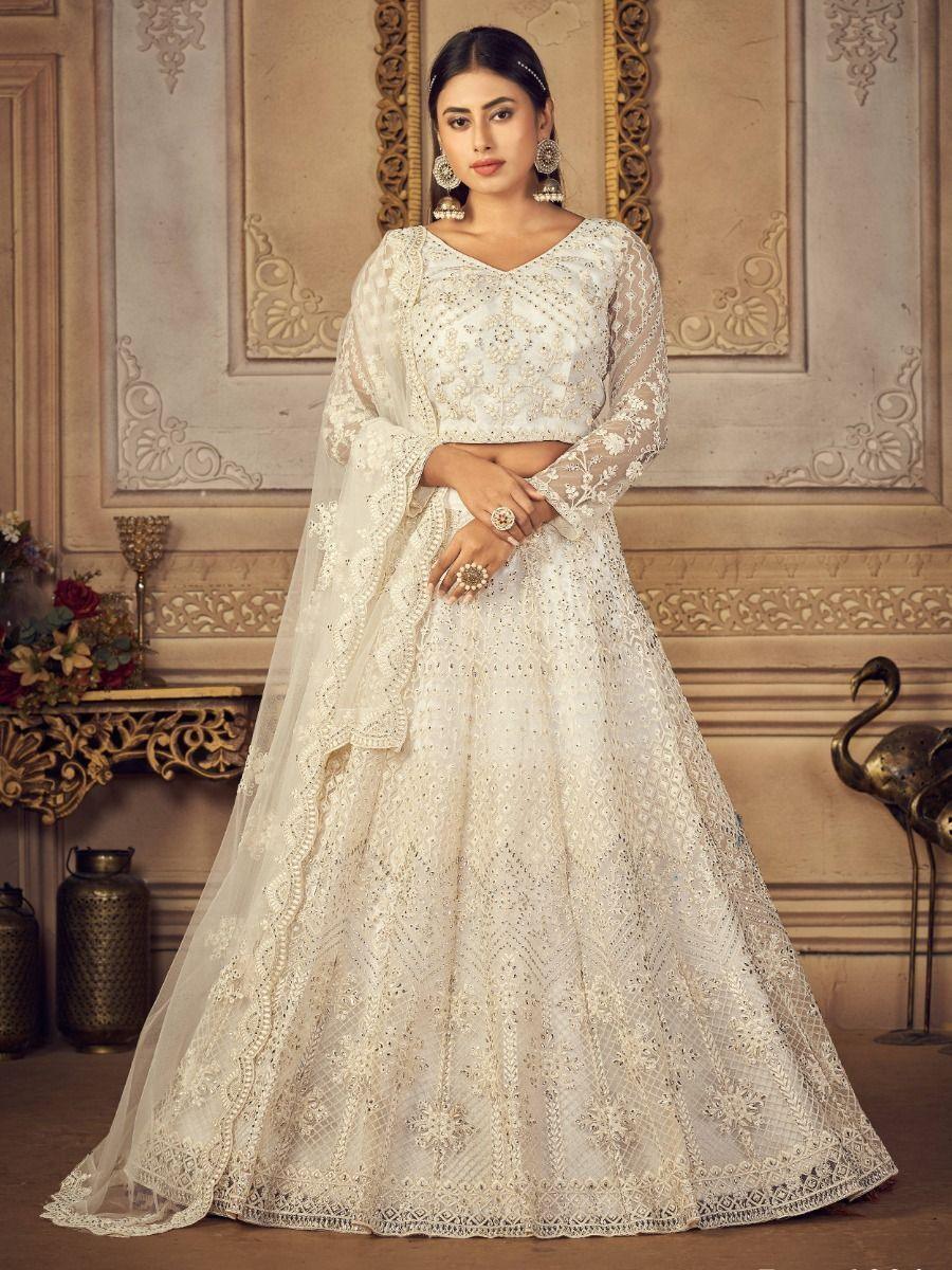 White Net Lehenga Choli | Bridal Reception Wear with Dori & Stone Details