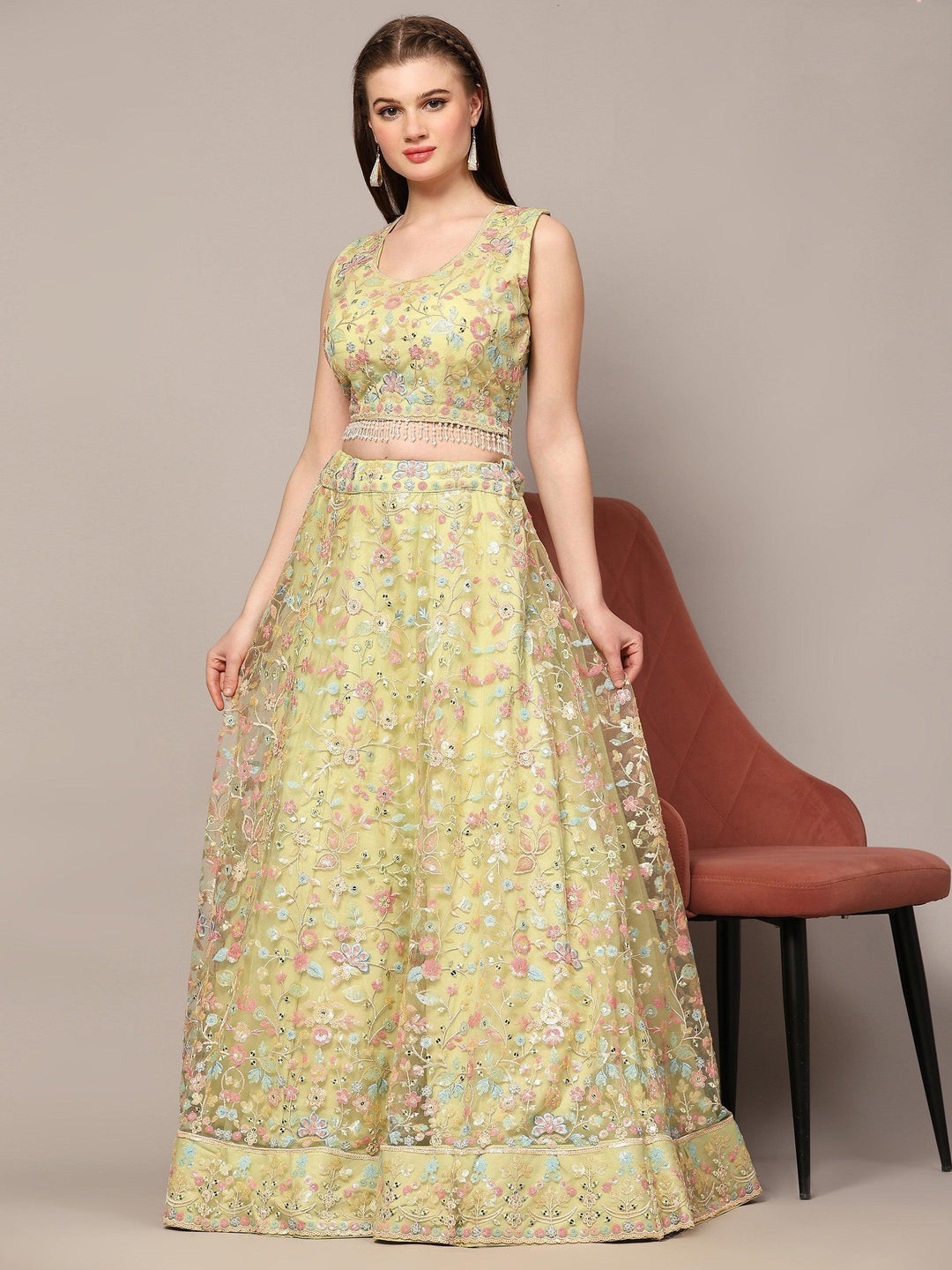 Sequins Yellow Lehenga for Haldi | Net Lehenga Choli with Dupatta