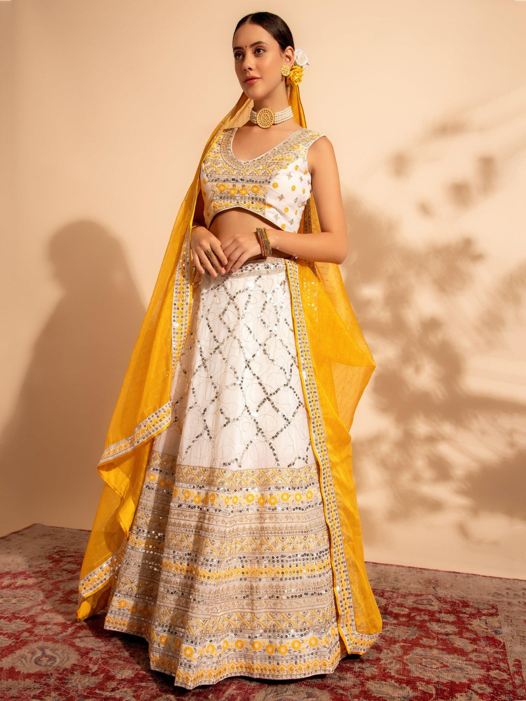 White Georgette Lehenga | Sequins and Thread Embroidery Bridal Set