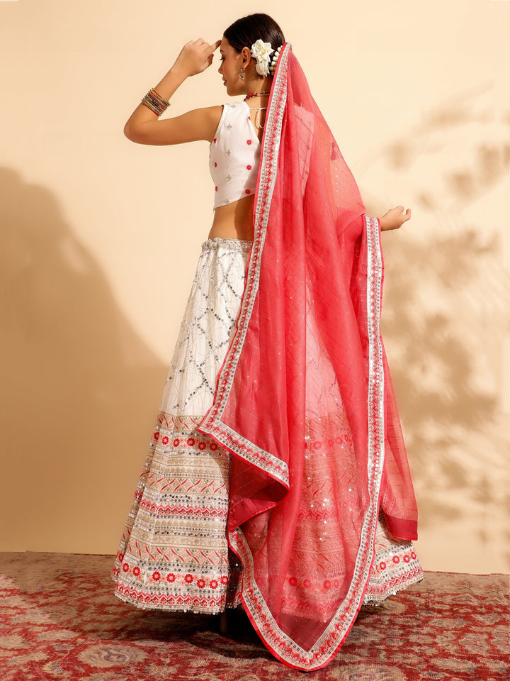 Tantalizing White Lehenga | Sequins Work Georgette with Red Dupatta