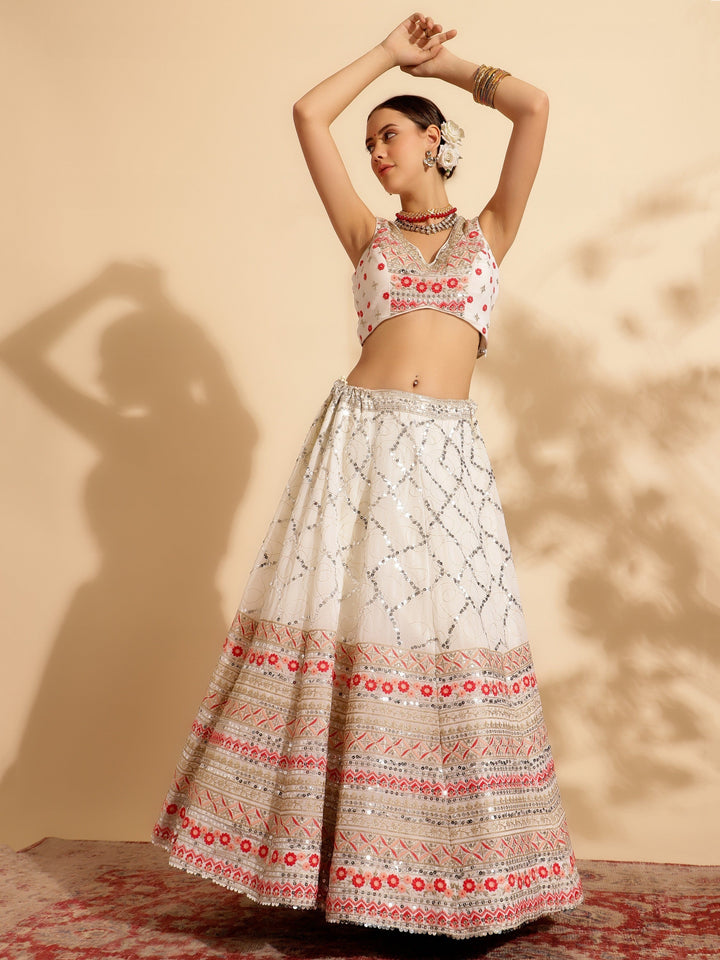 Tantalizing White Lehenga | Sequins Work Georgette with Red Dupatta