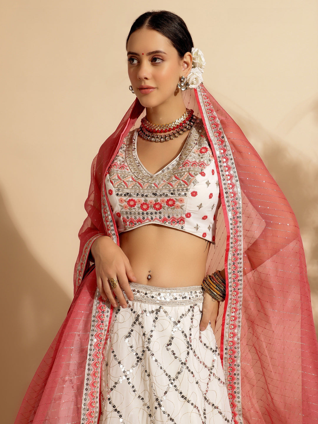 Tantalizing White Lehenga | Sequins Work Georgette with Red Dupatta