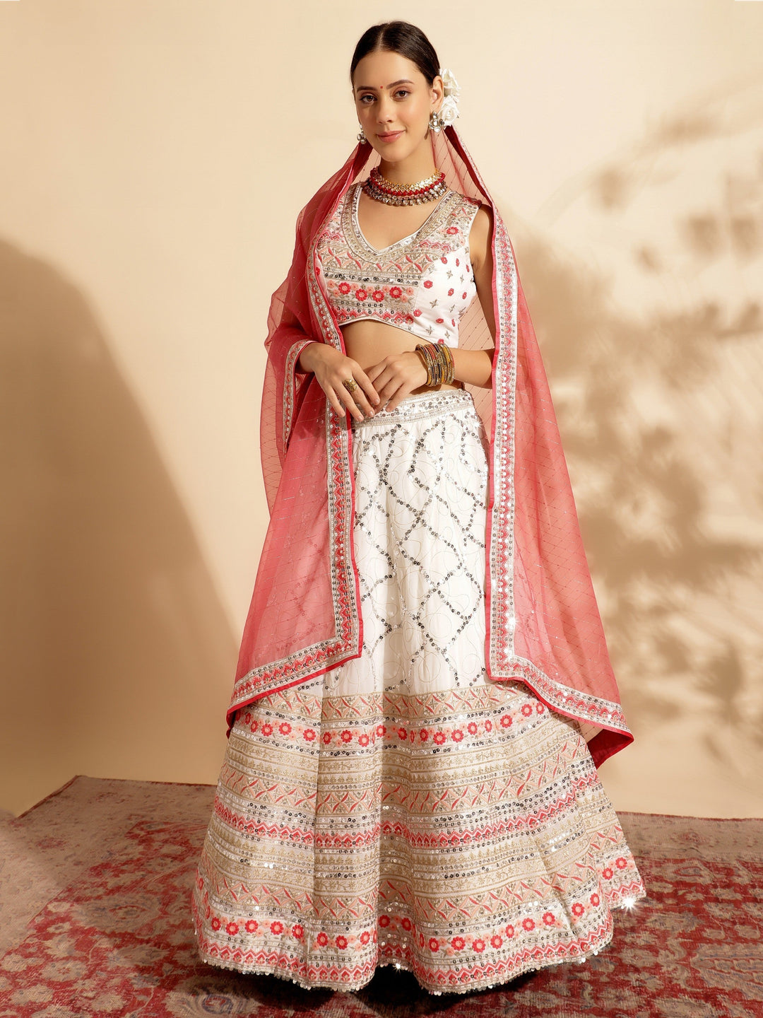 Tantalizing White Lehenga | Sequins Work Georgette with Red Dupatta