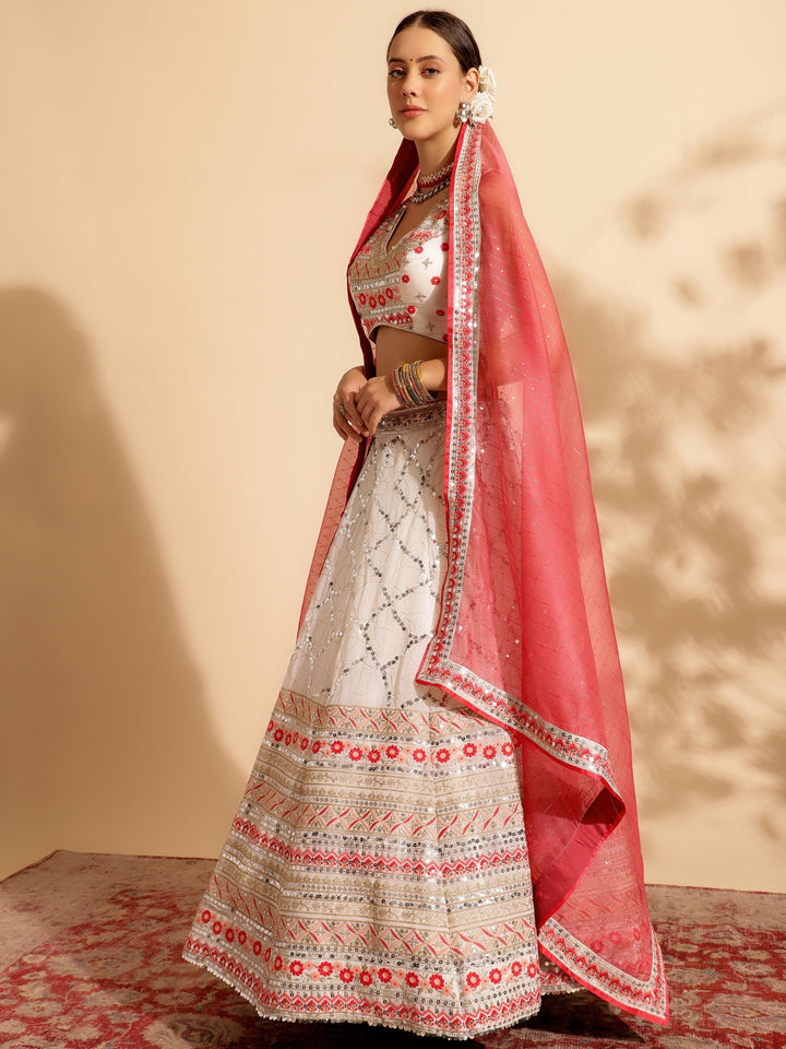 Tantalizing White Lehenga | Sequins Work Georgette with Red Dupatta