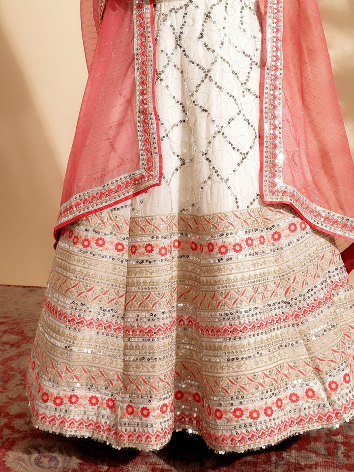 Tantalizing White Lehenga | Sequins Work Georgette with Red Dupatta