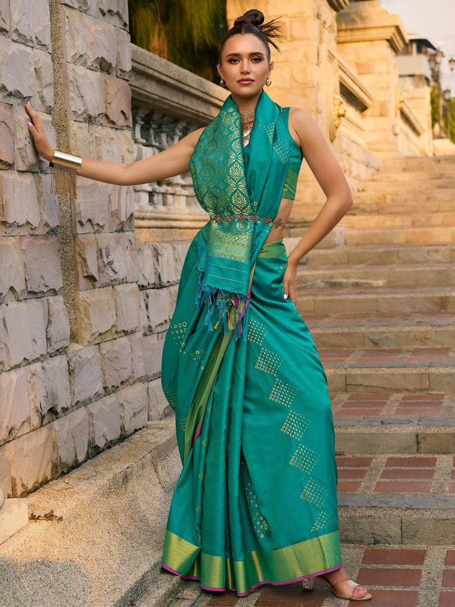 Green silk saree crafted for elegance and style.