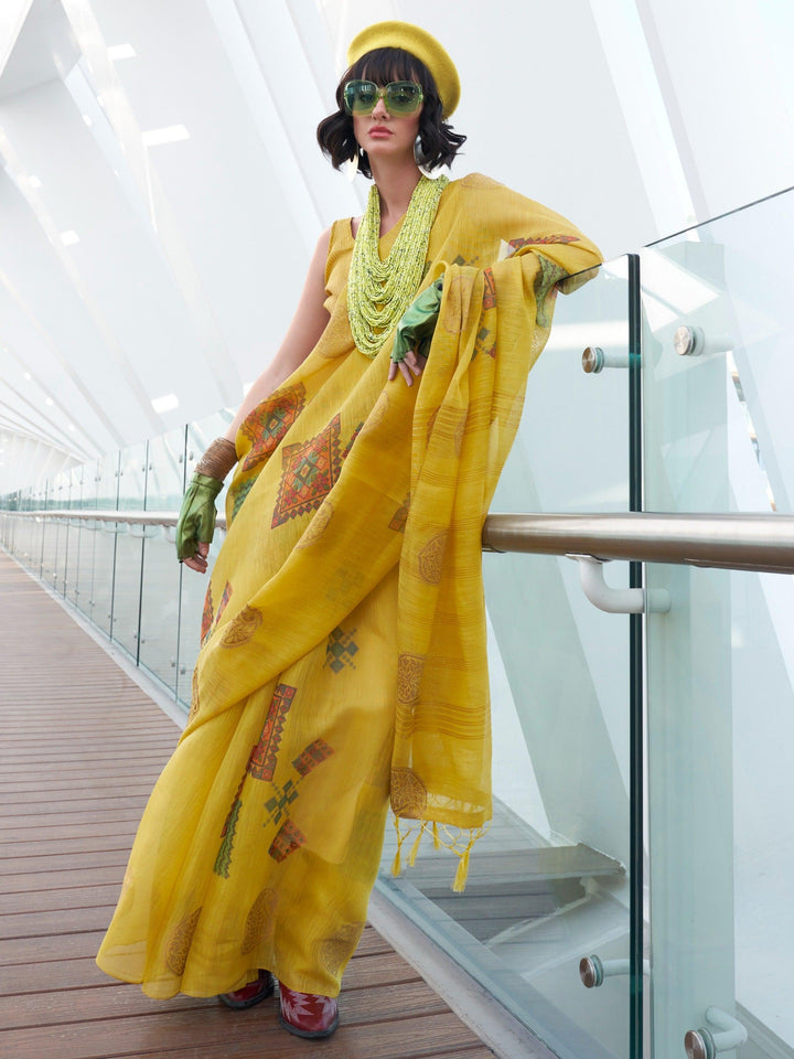 Yellow luxurious fabric saree crafted for elegance and style.