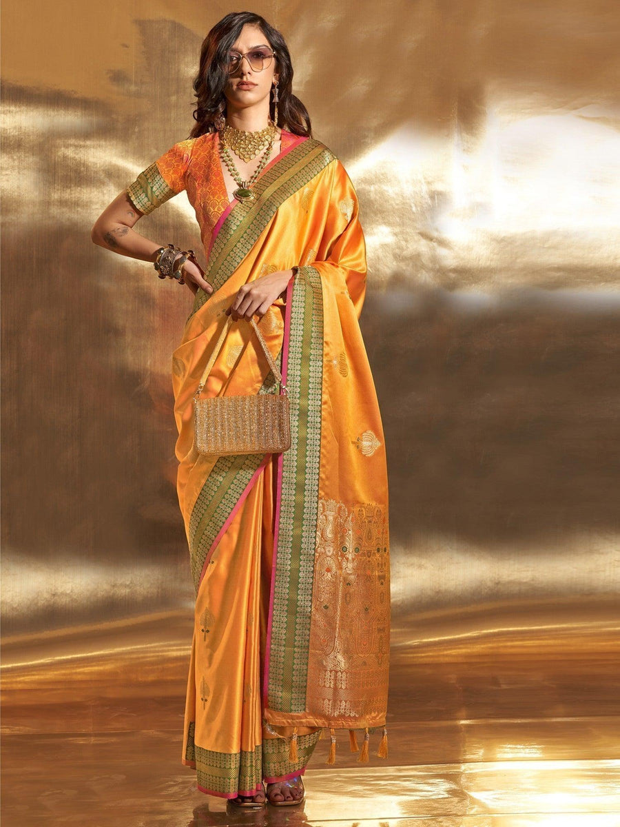 Yellow satin saree crafted for elegance and style.