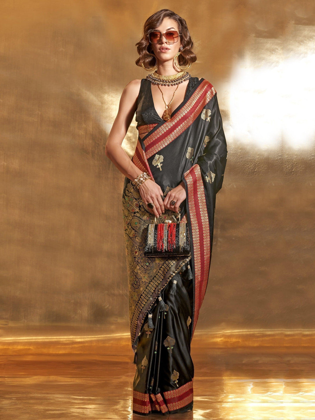 Black satin saree crafted for elegance and style.