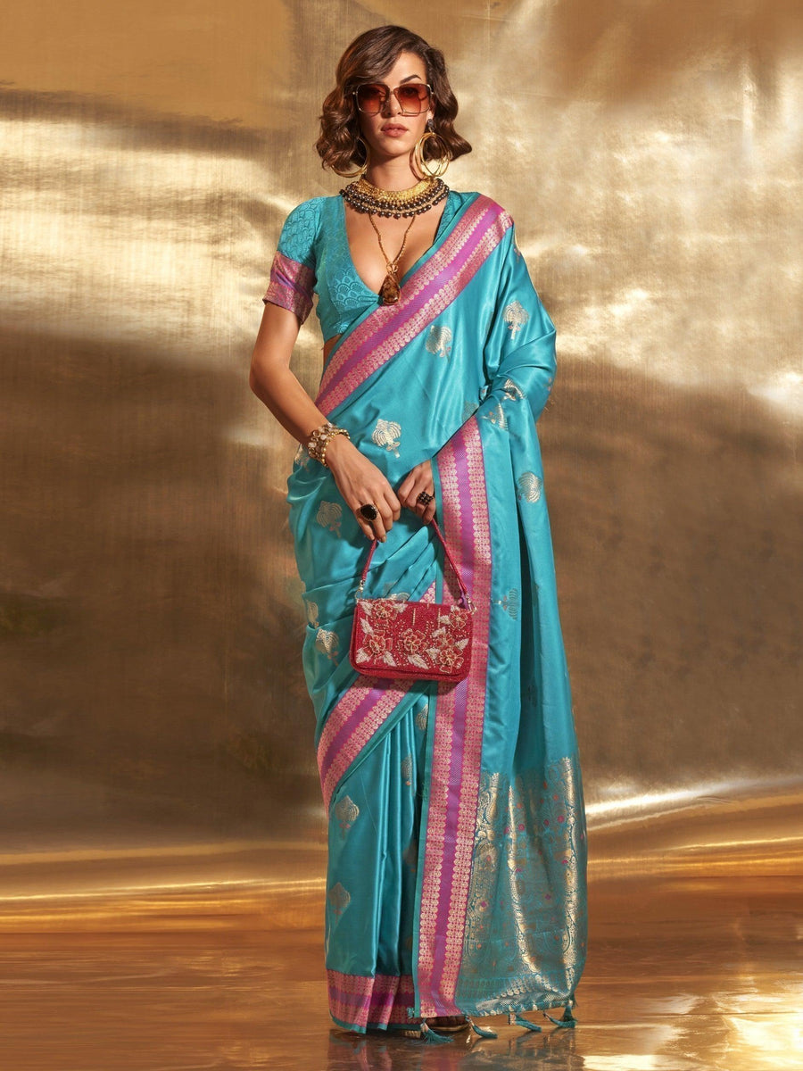 Blue satin saree crafted for elegance and style.