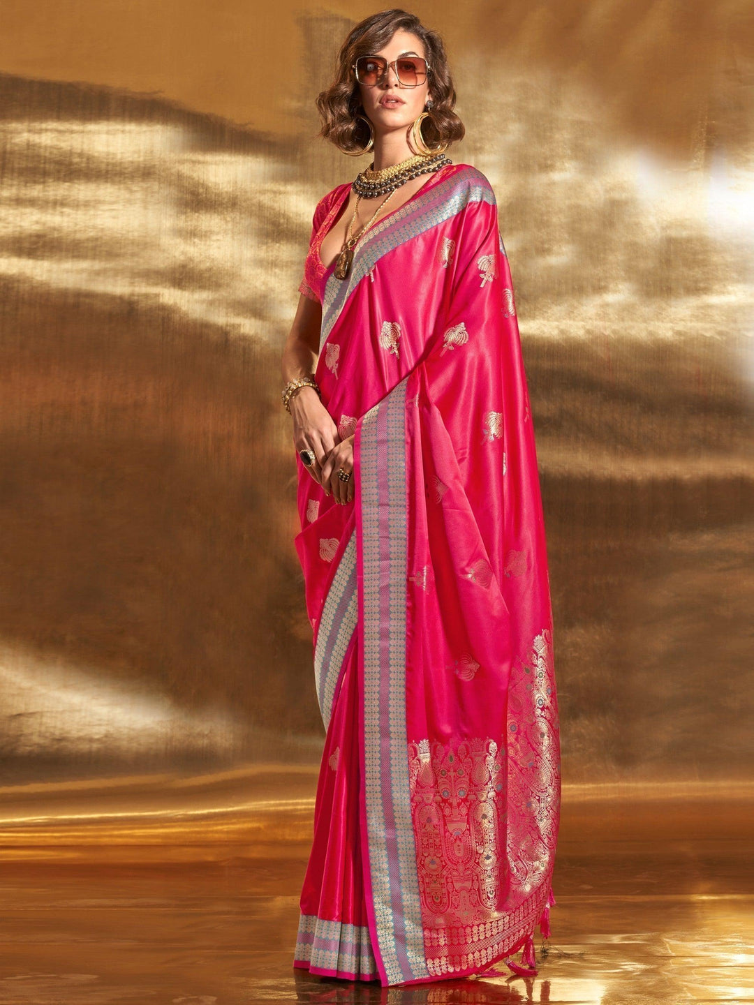 Pink satin saree crafted for elegance and style.