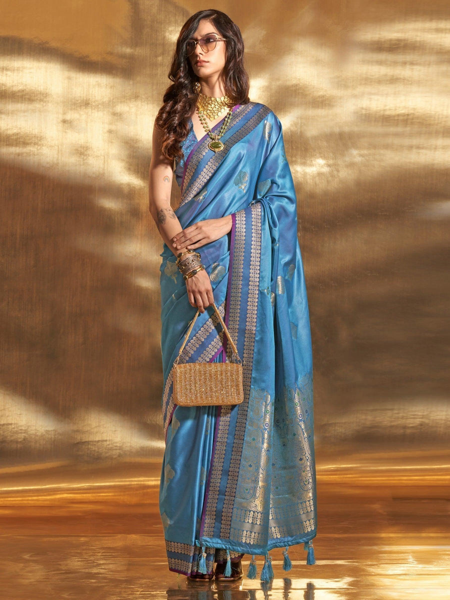 Blue satin saree crafted for elegance and style.