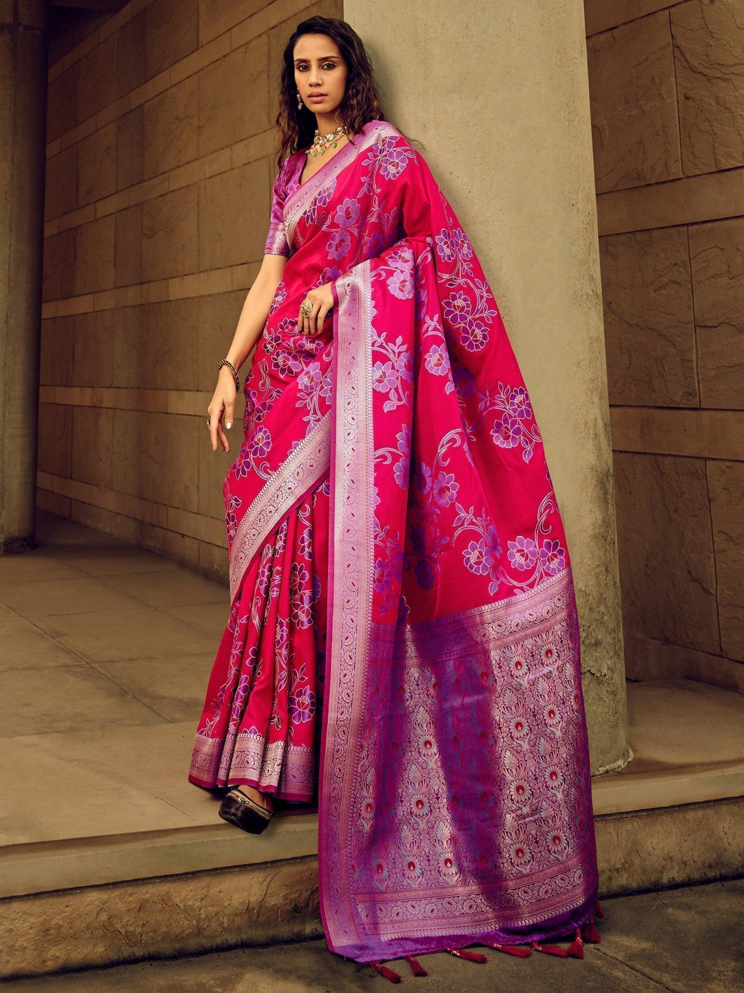 Pink satin saree crafted for elegance and style.