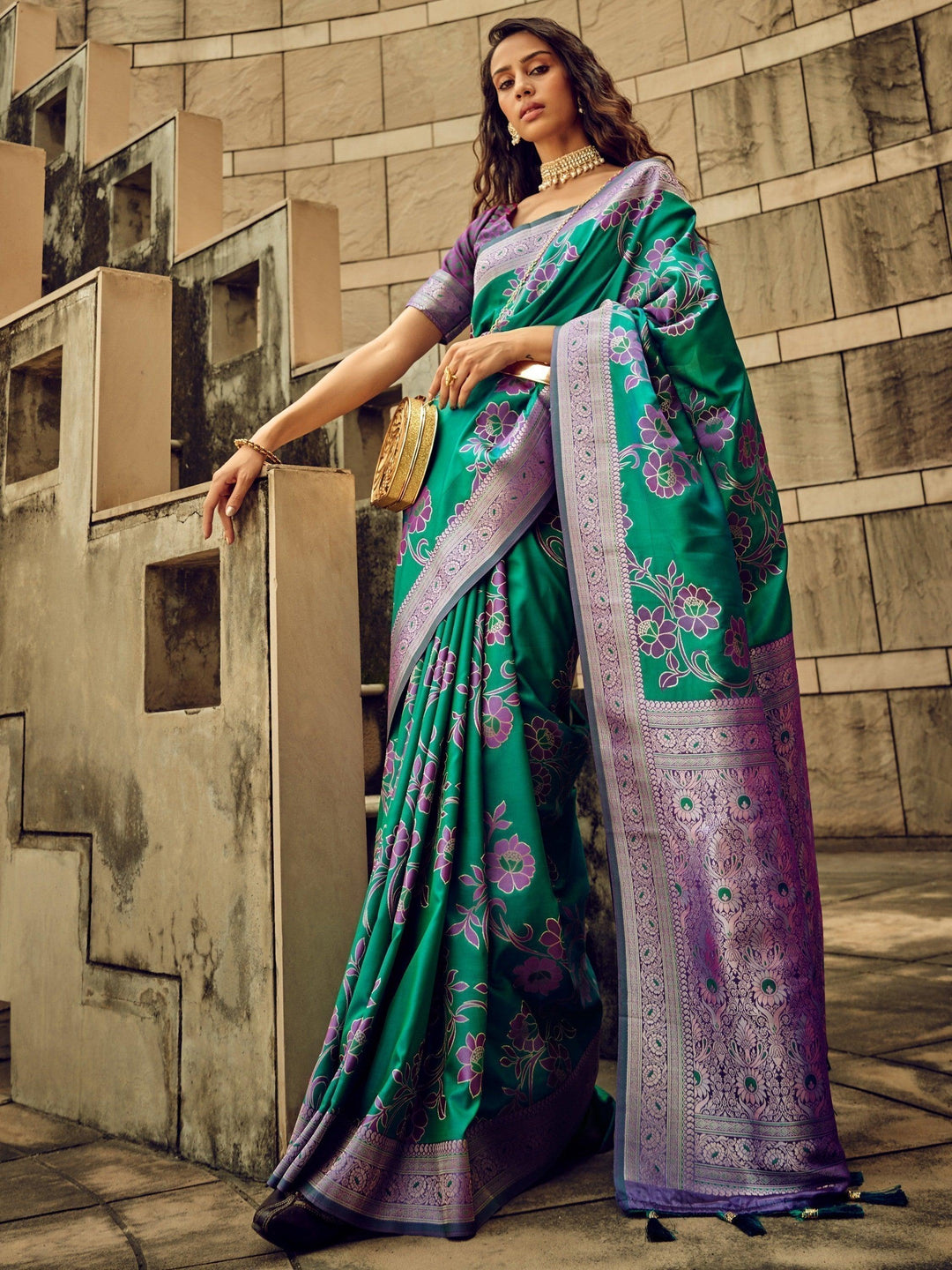 Green satin saree crafted for elegance and style.