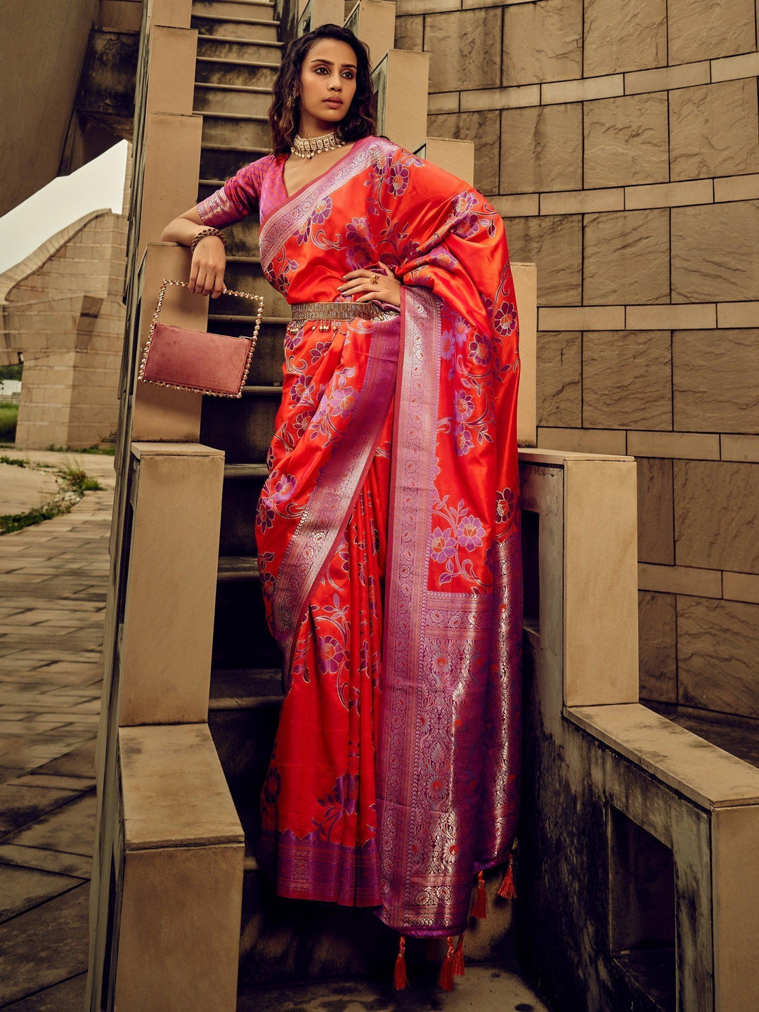 Orange satin saree crafted for elegance and style.