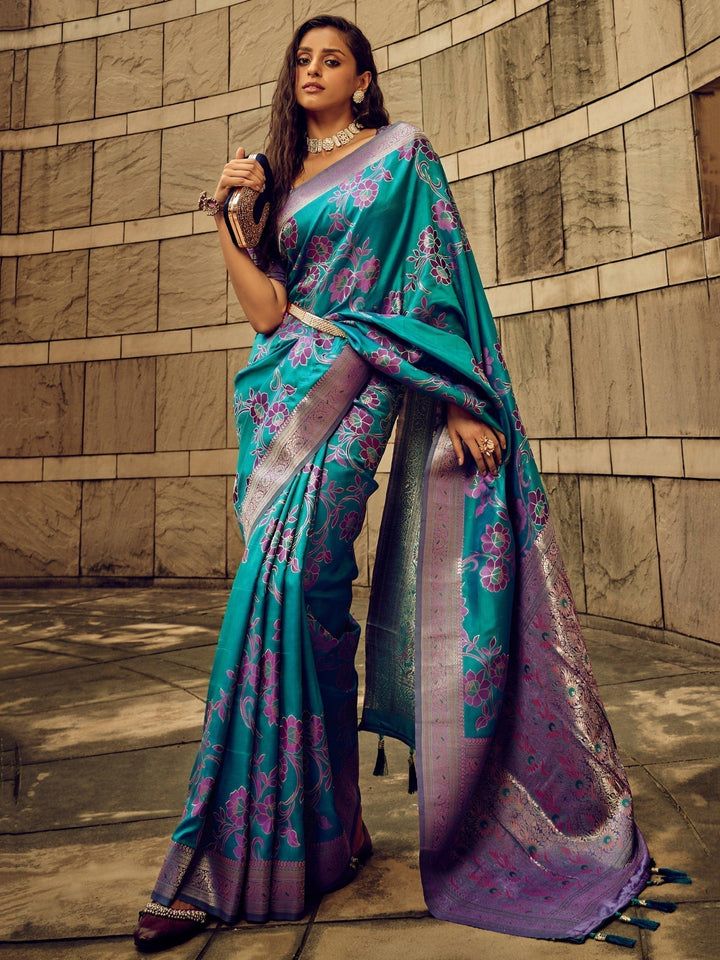 Blue satin saree crafted for elegance and style.