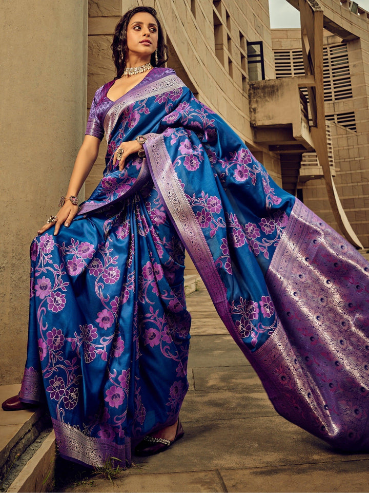 Blue satin saree crafted for elegance and style.