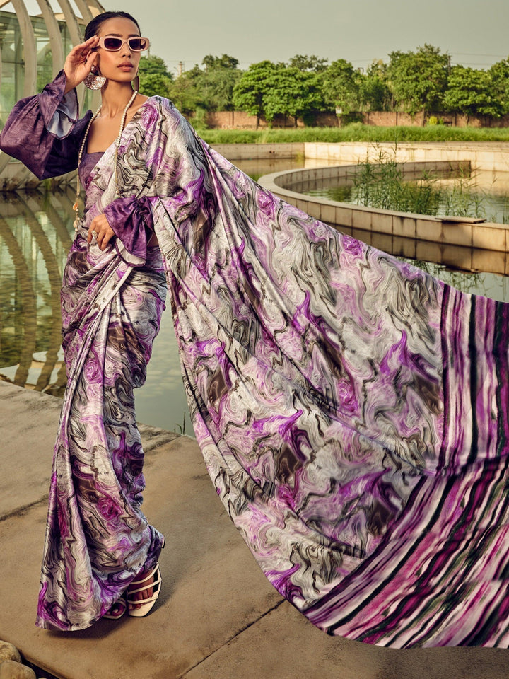 Purple satin saree crafted for elegance and style.