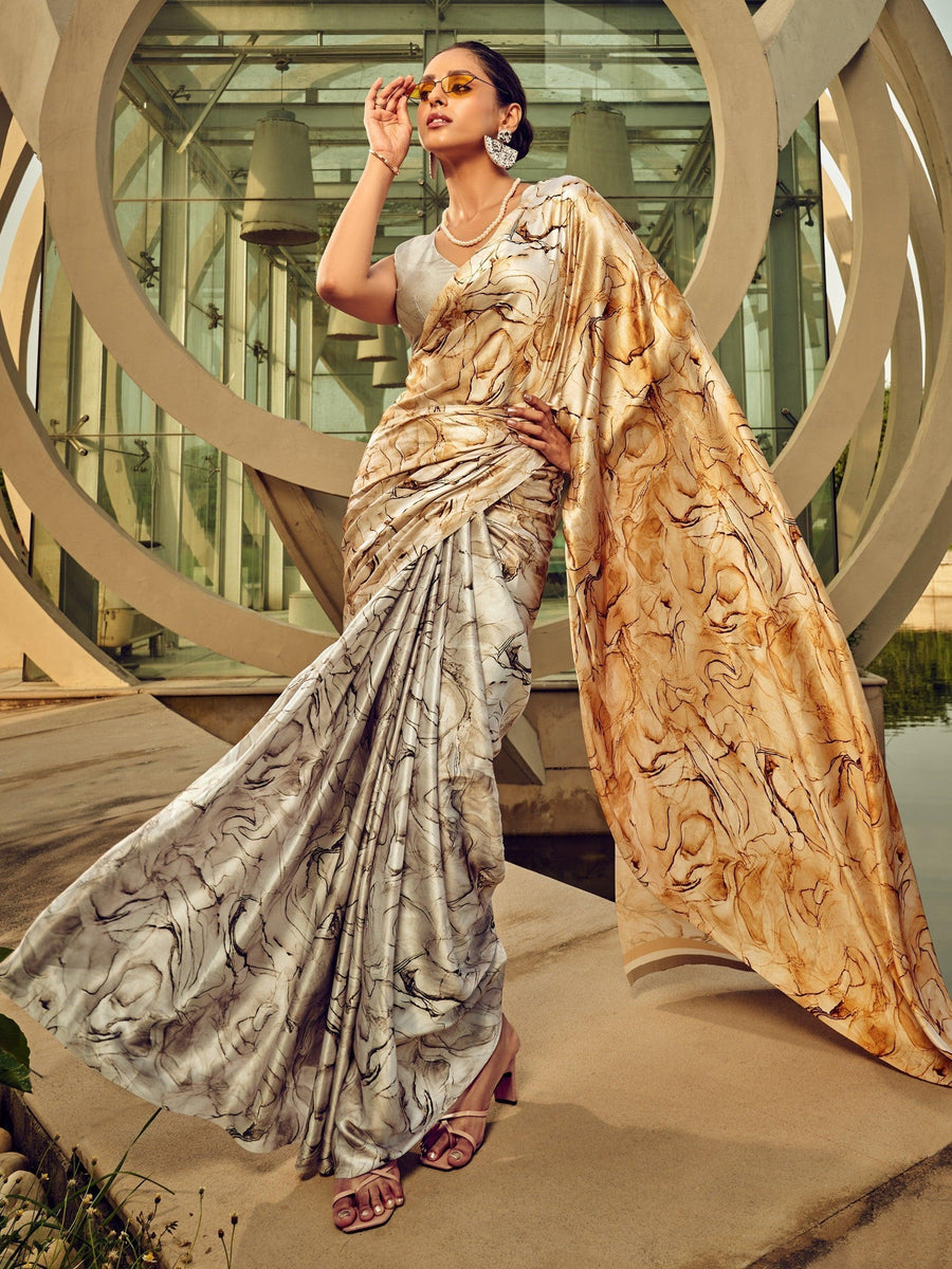 Gold satin saree crafted for elegance and style.