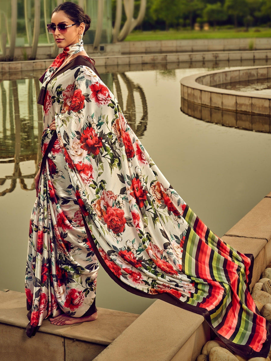 Red satin saree crafted for elegance and style.