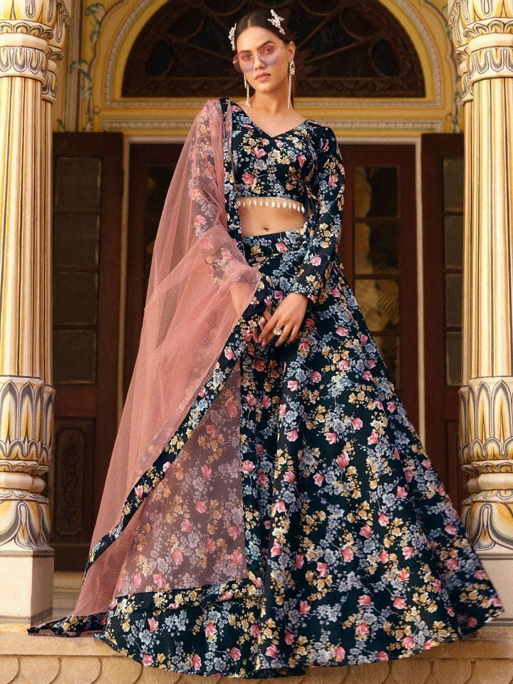 Chic Black Silk Lehenga Choli | Floral Design & Lace Dupatta for Special Occasions