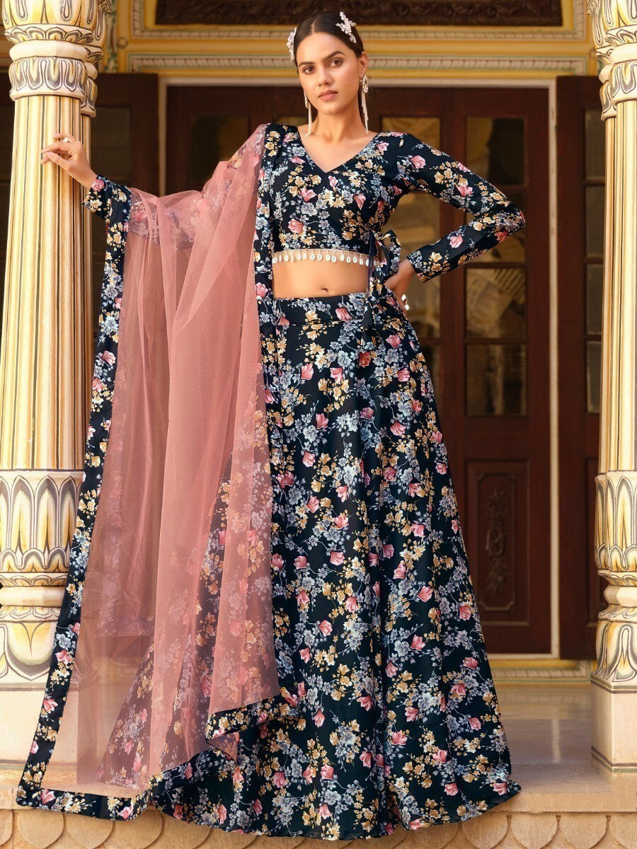 Chic Black Silk Lehenga Choli | Floral Design & Lace Dupatta for Special Occasions