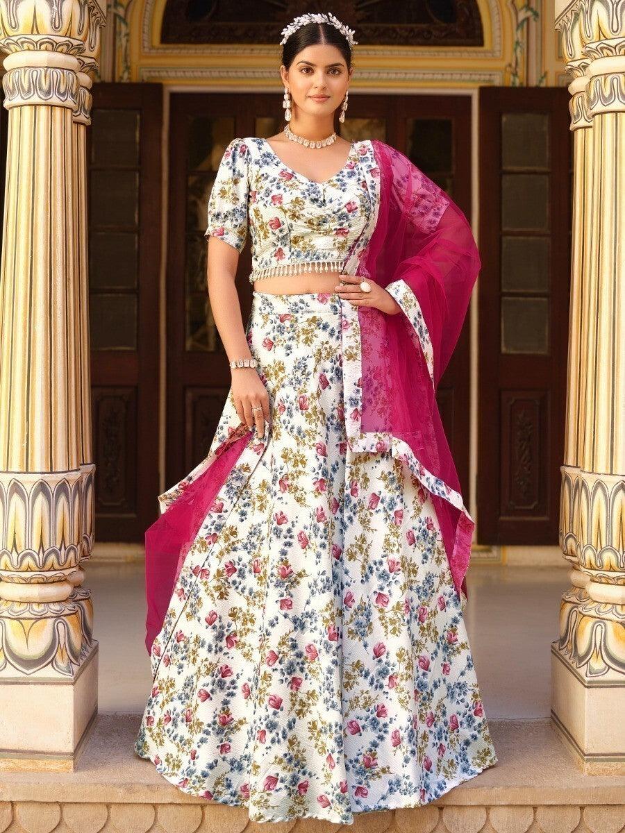 Stylish White Floral Silk Lehenga Choli | Customizable Fit & Elegant Dupatta