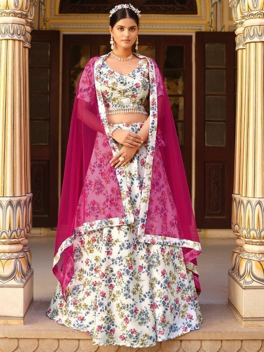 Stylish White Floral Silk Lehenga Choli | Customizable Fit & Elegant Dupatta