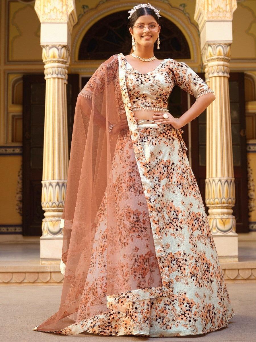 Timeless Off-White Silk Lehenga Choli | Floral Print & Butterfly Net Dupatta