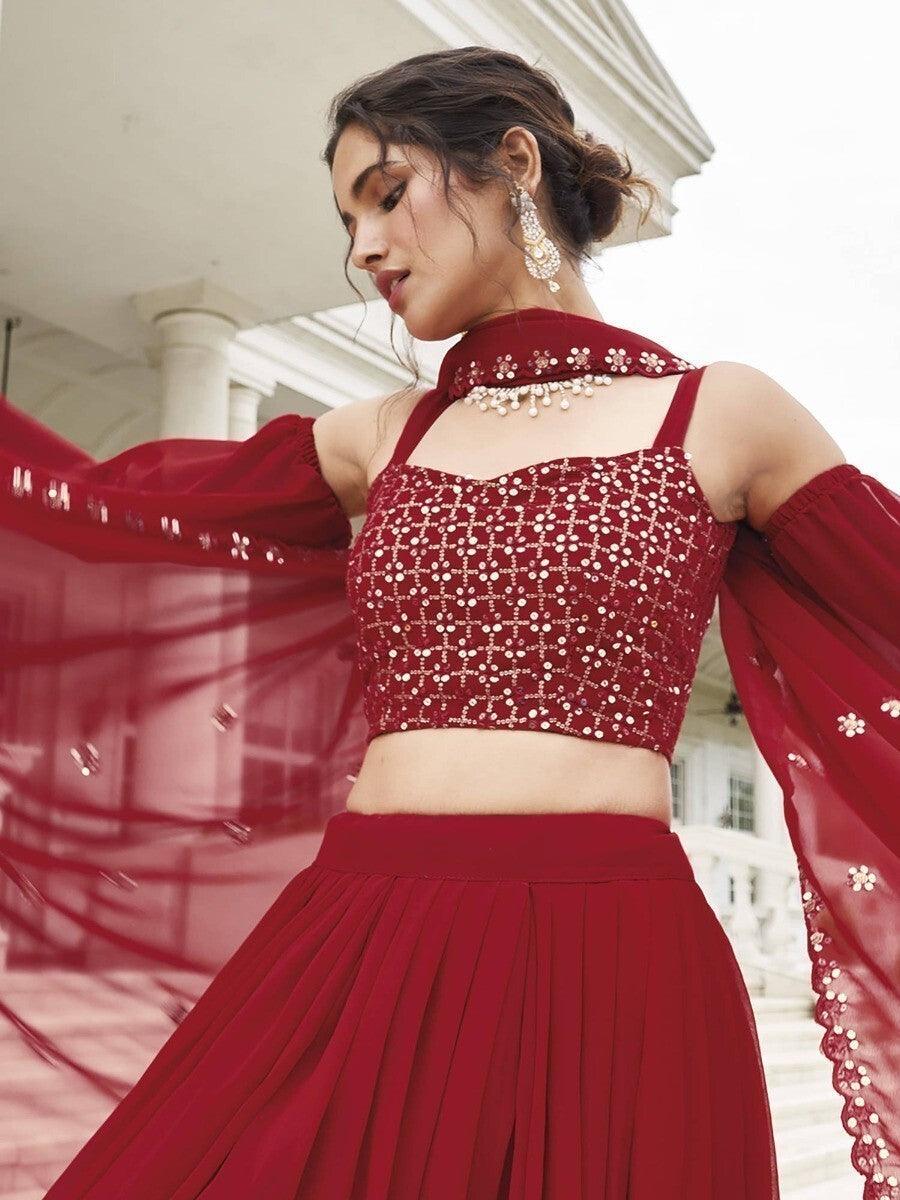 Beautiful Red Georgette Lehenga | Sequin & Embroidery Detailing