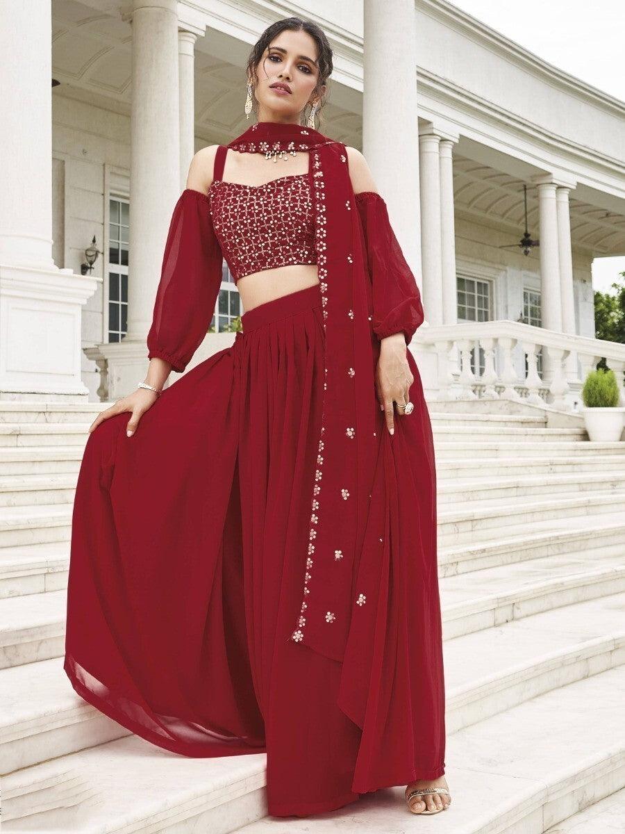 Beautiful Red Georgette Lehenga | Sequin & Embroidery Detailing