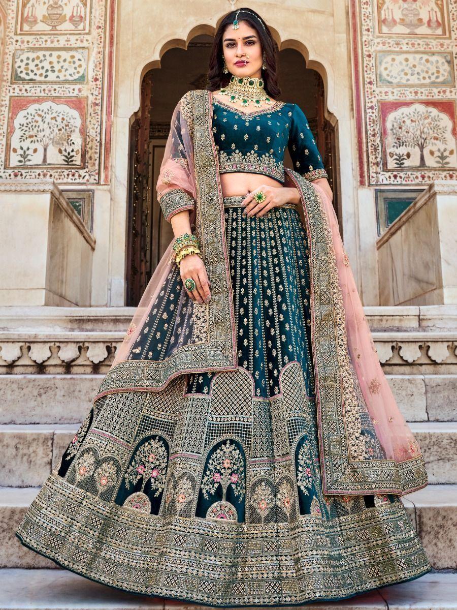 Luxurious Velvet Bridal Lehenga Choli | Teal Blue Color & Stone Embellishments