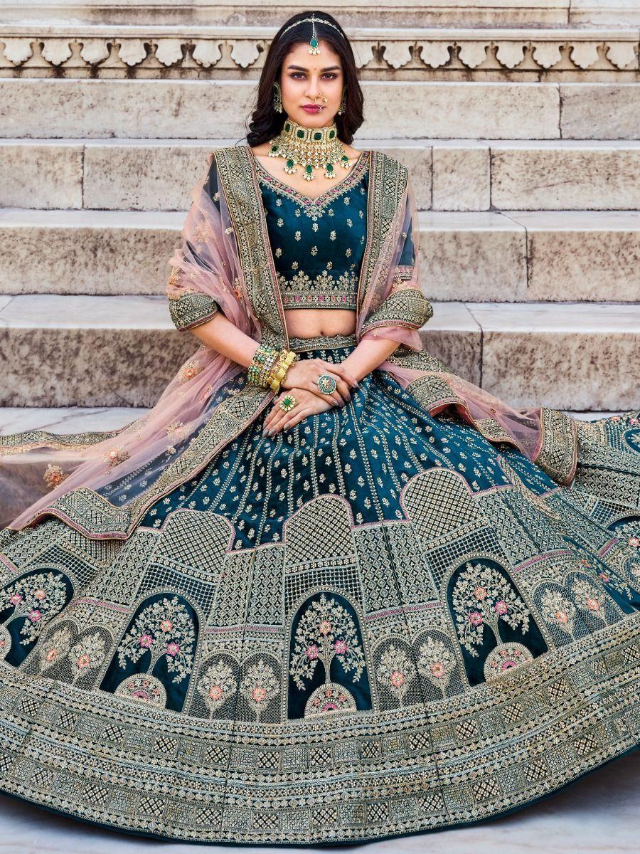 Luxurious Velvet Bridal Lehenga Choli | Teal Blue Color & Stone Embellishments