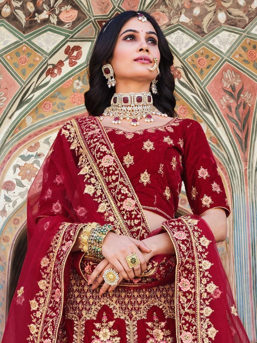 Exquisite Maroon Velvet Bridal Lehenga Choli | Zarakan Work & Embellishments