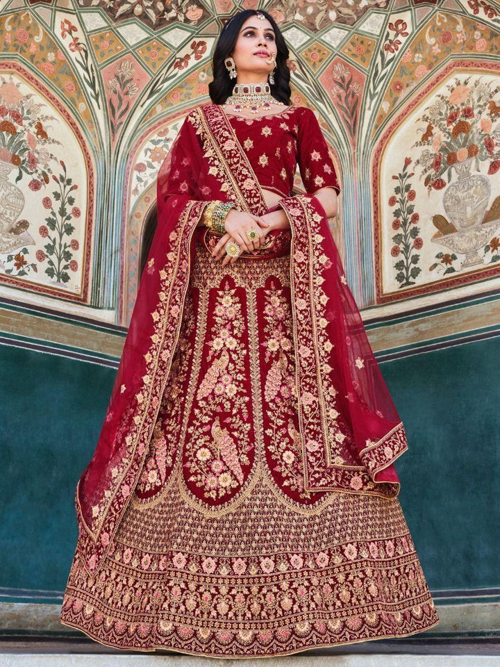 Exquisite Maroon Velvet Bridal Lehenga Choli | Zarakan Work & Embellishments