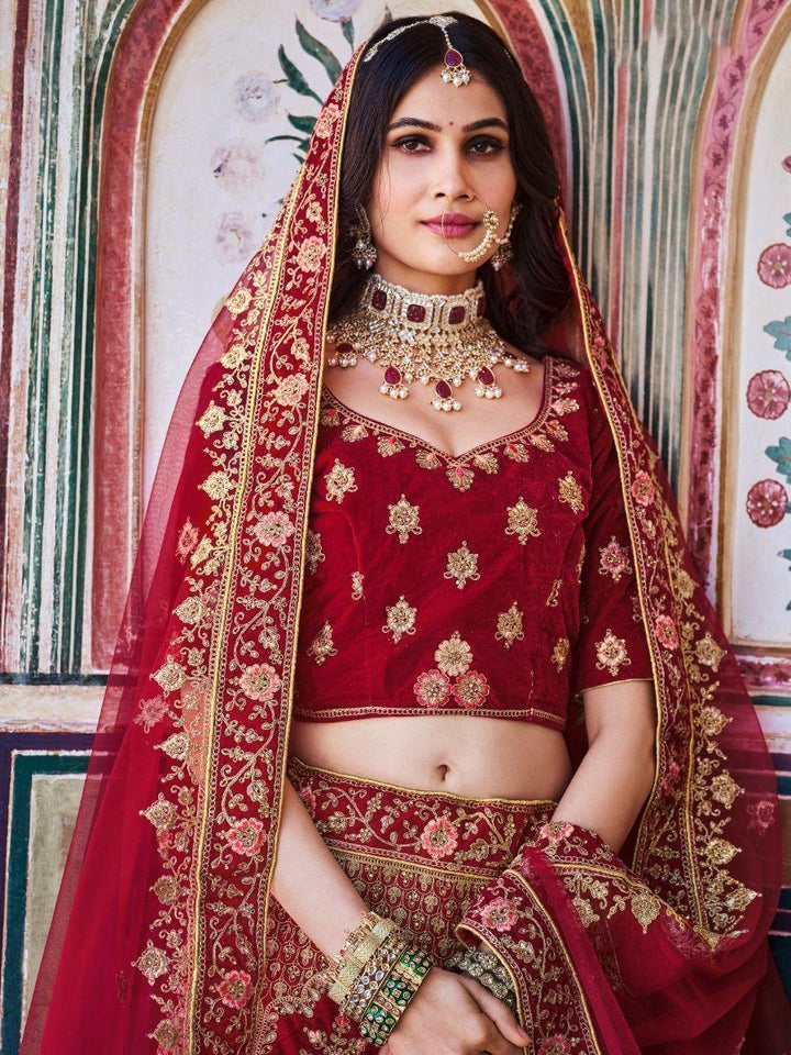 Exquisite Maroon Velvet Bridal Lehenga Choli | Zarakan Work & Embellishments