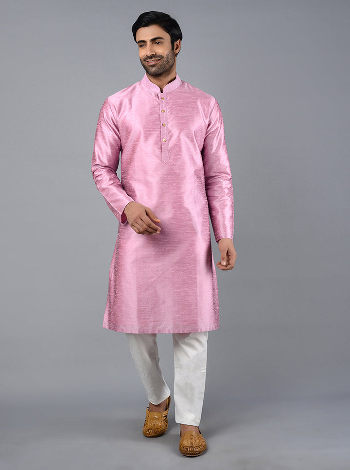 Timeless onion pink kurta set in silk blend fabric, designed for special gatherings in the USA.