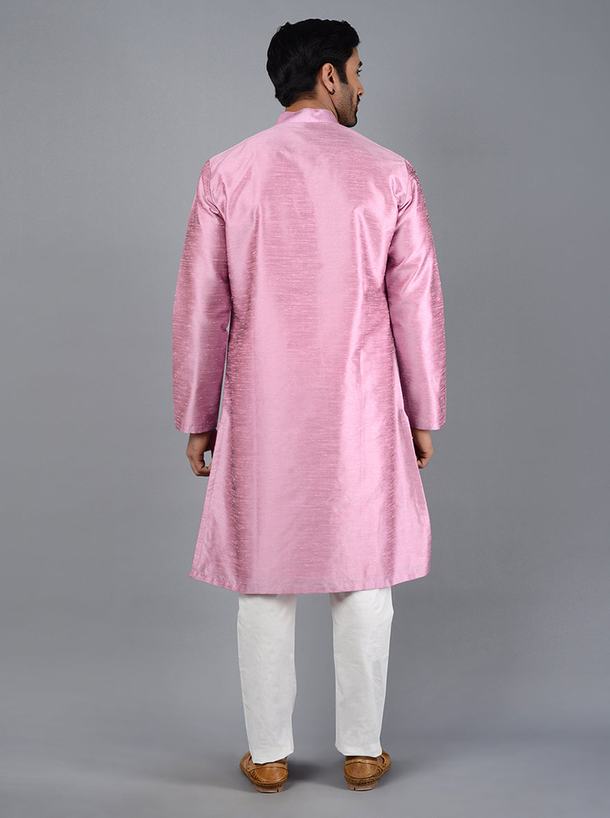 Comfortable onion pink kurta set in silk blend, ideal for celebrations and special occasions in the USA.