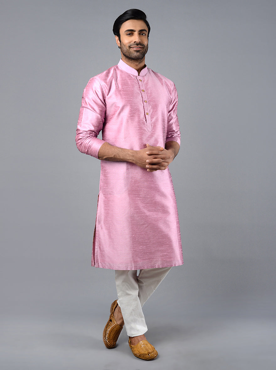 Unique onion pink kurta set showcasing intricate embroidery, perfect for traditional events in the USA.