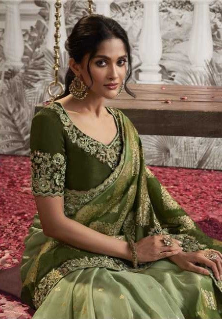 Light Green Dola Silk Saree | Stylish Zari Embroidery and Pretty Latkan