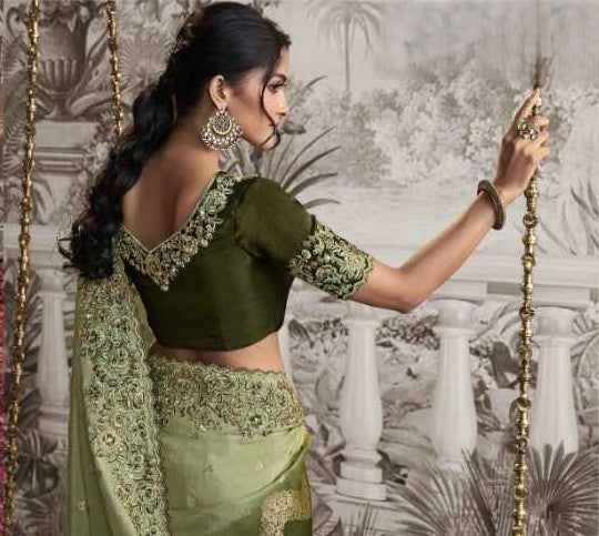 Light Green Dola Silk Saree | Stylish Zari Embroidery and Pretty Latkan