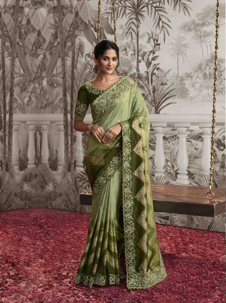 Light Green Dola Silk Saree | Stylish Zari Embroidery and Pretty Latkan