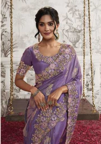 Lavender Dream Dola Silk Saree | Intricate Zari Work and Graceful Latkan