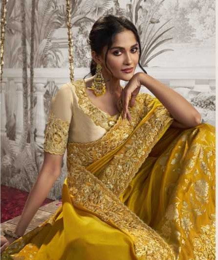 Yellow Dola Silk Saree | Zari Embroidery with Elegant Latkan Details