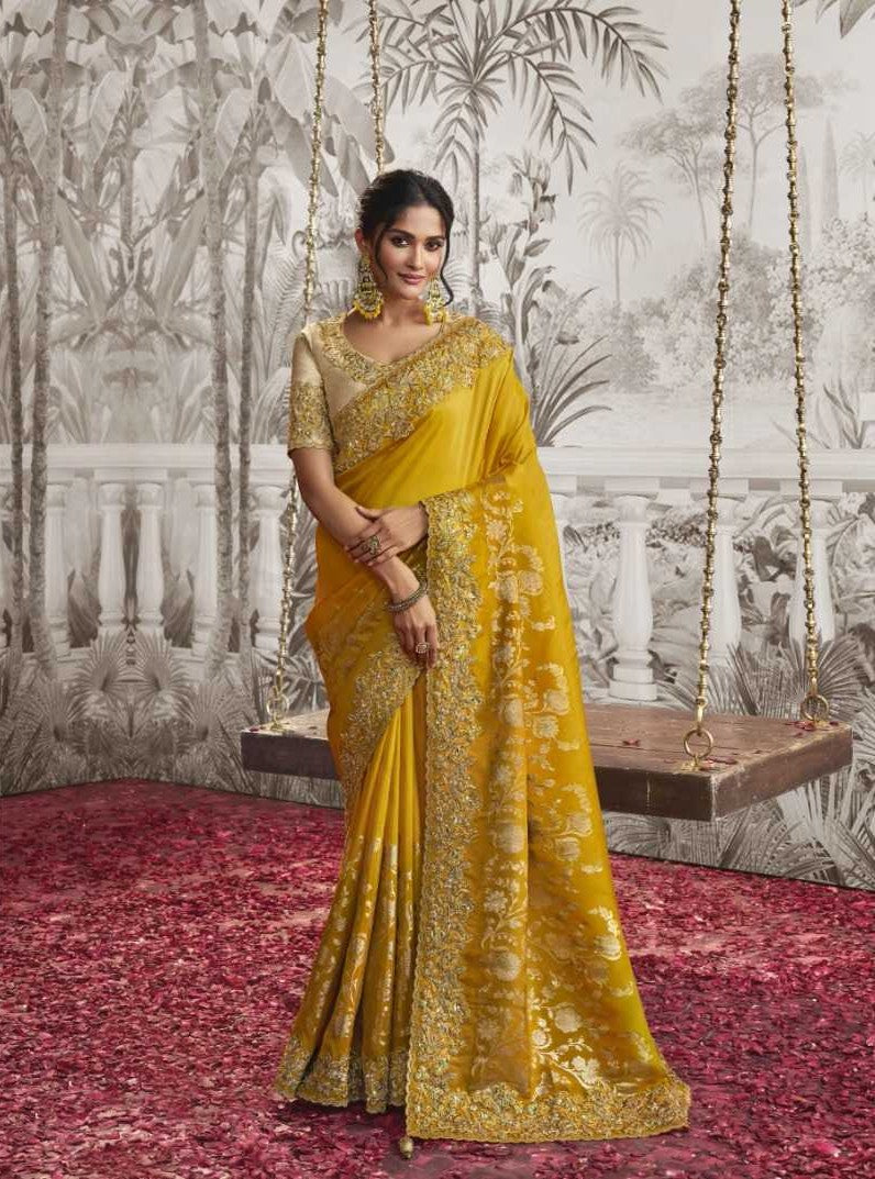 Yellow Dola Silk Saree | Zari Embroidery with Elegant Latkan Details