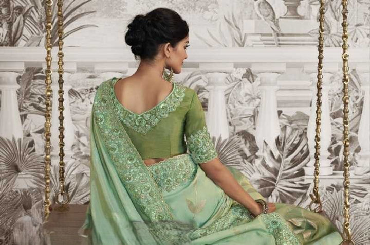 Sea Green Dola Silk Saree | Gorgeous Zari Embroidery with Unique Latkan