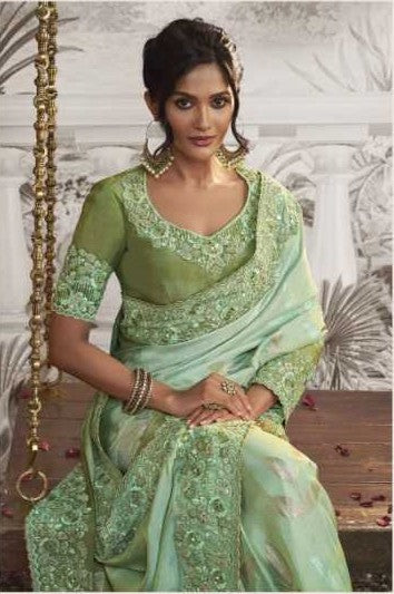 Sea Green Dola Silk Saree | Gorgeous Zari Embroidery with Unique Latkan