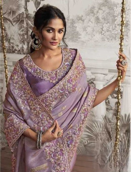 Lavender Dola Silk Saree | Soft Zari Embroidery and Beautiful Latkan